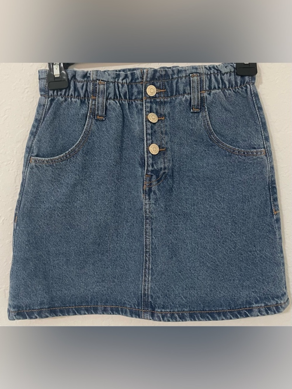 Mango Girls Blue Elastic-Waist Denim Skirt with Front Buttons